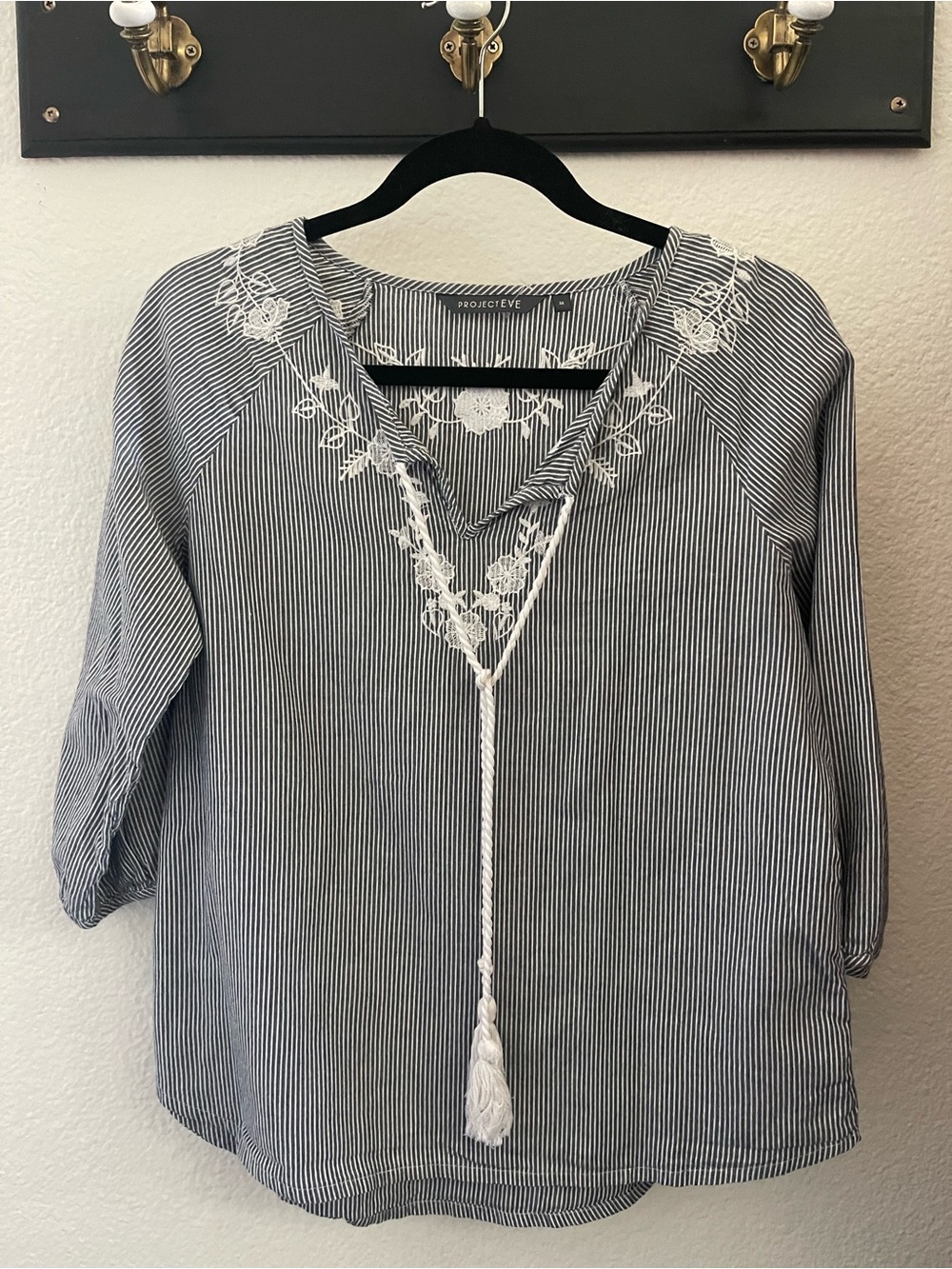 Project Eve Navy and White Striped Embroidered V-Neck boho blouse
